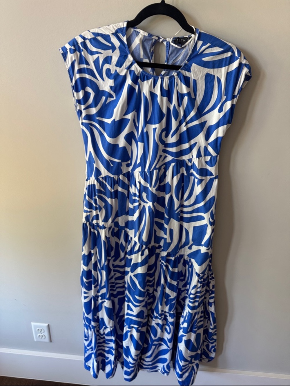 Blue & White Printed Oversized Tiered Dress with Pockets